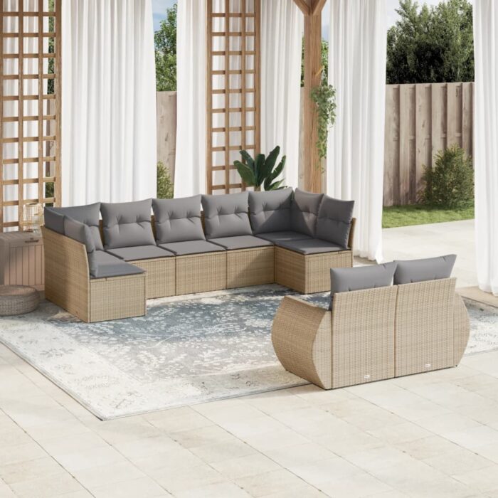 Salon de jardin avec coussins 9 pcs beige résine tressée – Image 1