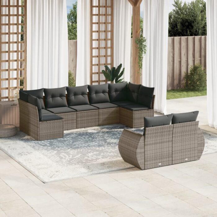 Salon de jardin 9 pcs avec coussins gris résine tressée – Image 1