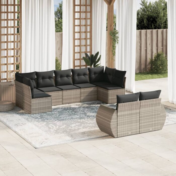 Salon de jardin 9 pcs avec coussins gris clair résine tressée – Image 1