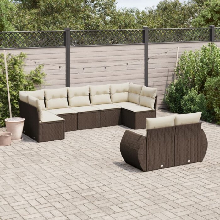 Salon de jardin avec coussins 9 pcs marron résine tressée – Image 1