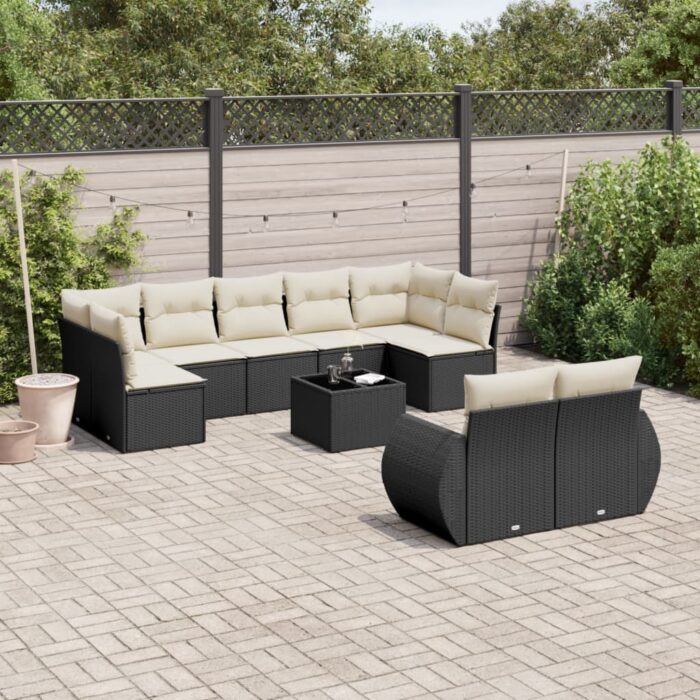 Salon de jardin 10 pcs avec coussins noir résine tressée – Image 1
