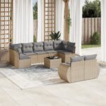 Salon de jardin avec coussins 10 pcs beige résine tressée