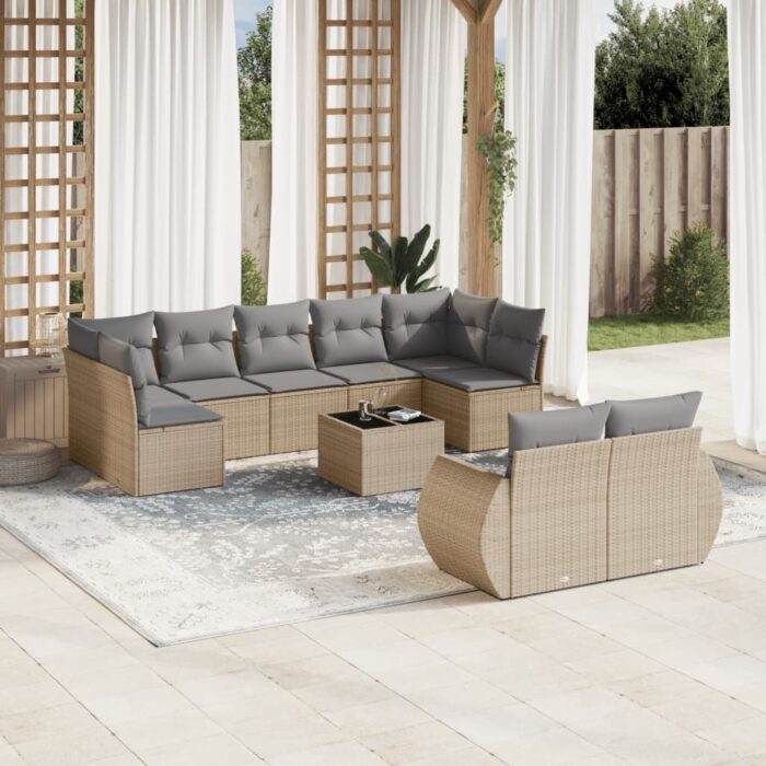 Salon de jardin avec coussins 10 pcs beige résine tressée – Image 1