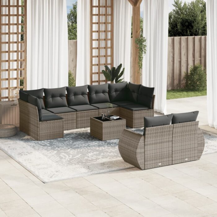 Salon de jardin avec coussins 10 pcs gris résine tressée – Image 1