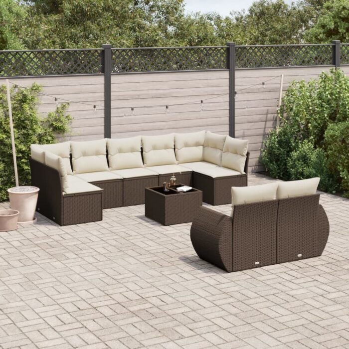 Salon de jardin 10 pcs avec coussins marron résine tressée – Image 1
