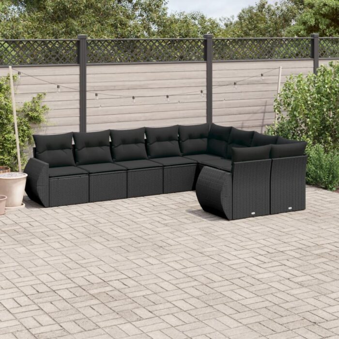 Salon de jardin 9 pcs avec coussins noir résine tressée – Image 1