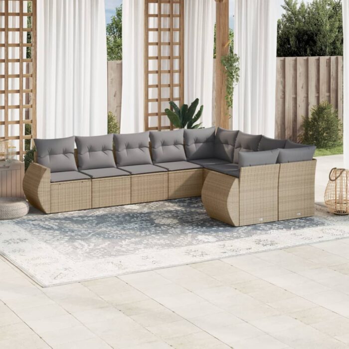 Salon de jardin avec coussins 9 pcs beige résine tressée – Image 1