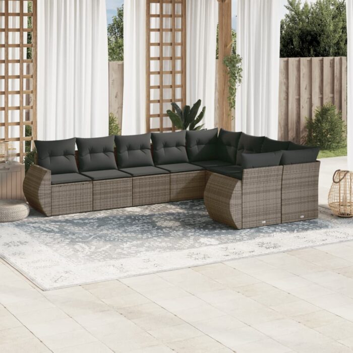 Salon de jardin 9 pcs avec coussins gris résine tressée – Image 1