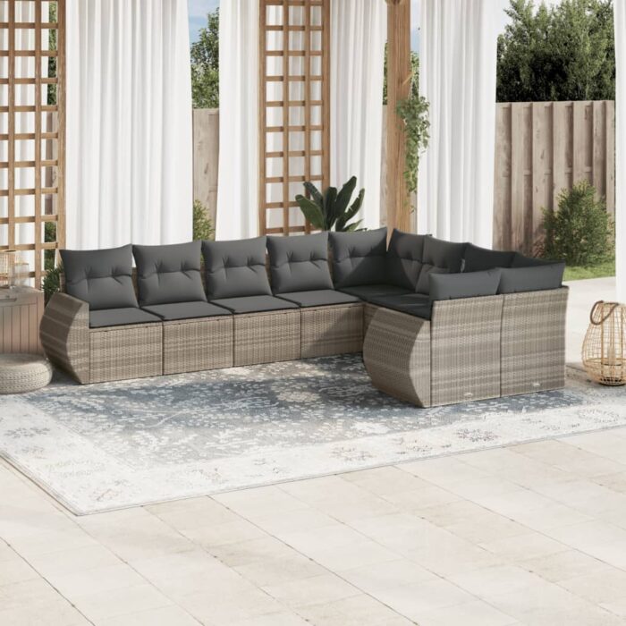 Salon de jardin 9 pcs avec coussins gris clair résine tressée – Image 1