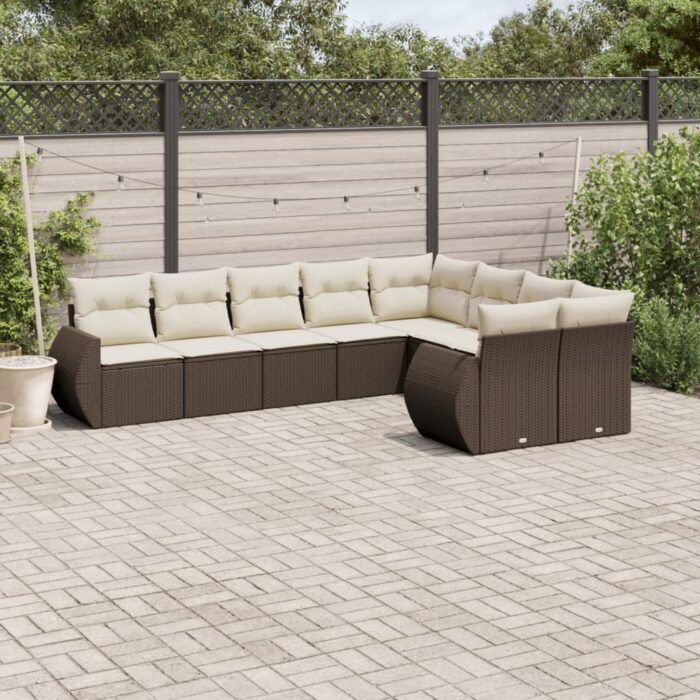 Salon de jardin avec coussins 9 pcs marron résine tressée – Image 1