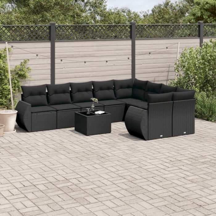 Salon de jardin 10 pcs avec coussins noir résine tressée – Image 1