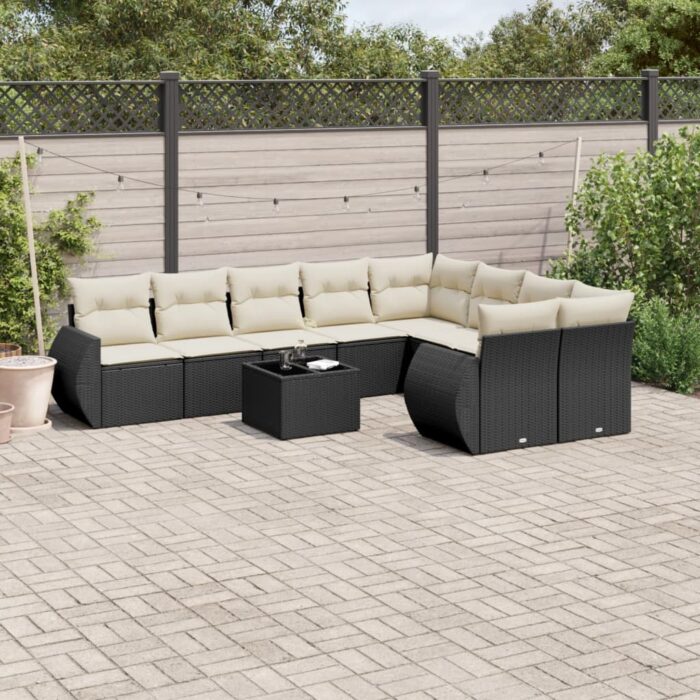 Salon de jardin 10 pcs avec coussins noir résine tressée – Image 1