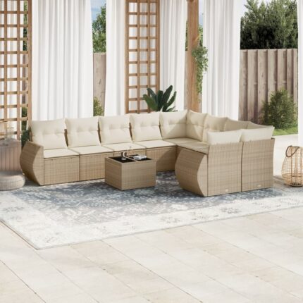 Salon de jardin avec coussins 10 pcs beige résine tressée