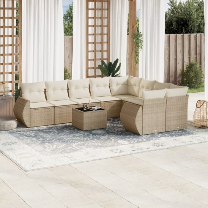 Salon de jardin avec coussins 10 pcs beige résine tressée – Image 1