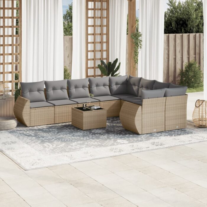 Salon de jardin avec coussins 10 pcs beige résine tressée – Image 1