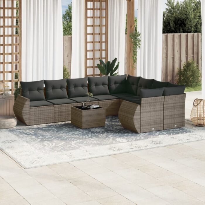 Salon de jardin avec coussins 10 pcs gris résine tressée – Image 1