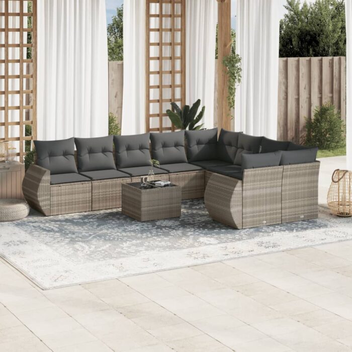 Salon de jardin avec coussins 10 pcs gris clair résine tressée – Image 1