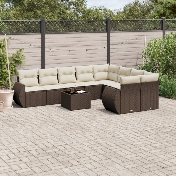 Salon de jardin 10 pcs avec coussins marron résine tressée – Image 1