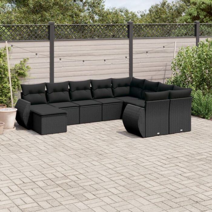 Salon de jardin 10 pcs avec coussins noir résine tressée – Image 1