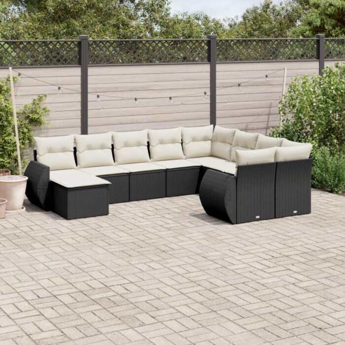 Salon de jardin 10 pcs avec coussins noir résine tressée – Image 1
