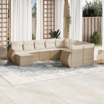 Salon de jardin avec coussins 10 pcs beige résine tressée