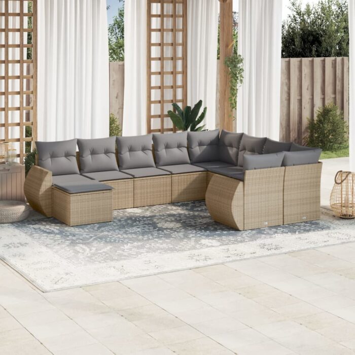 Salon de jardin avec coussins 10 pcs beige résine tressée – Image 1