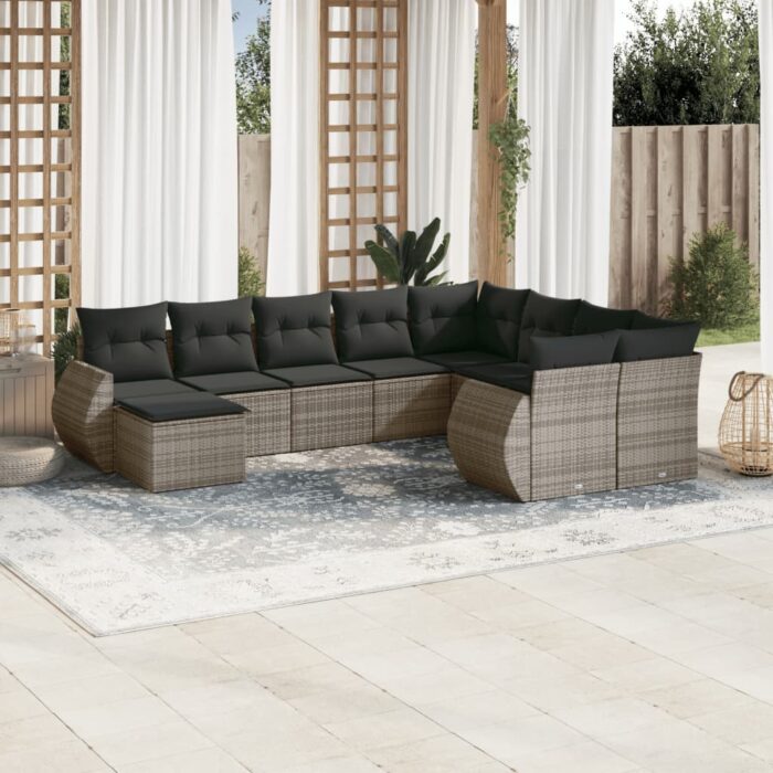 Salon de jardin avec coussins 10 pcs gris résine tressée – Image 1