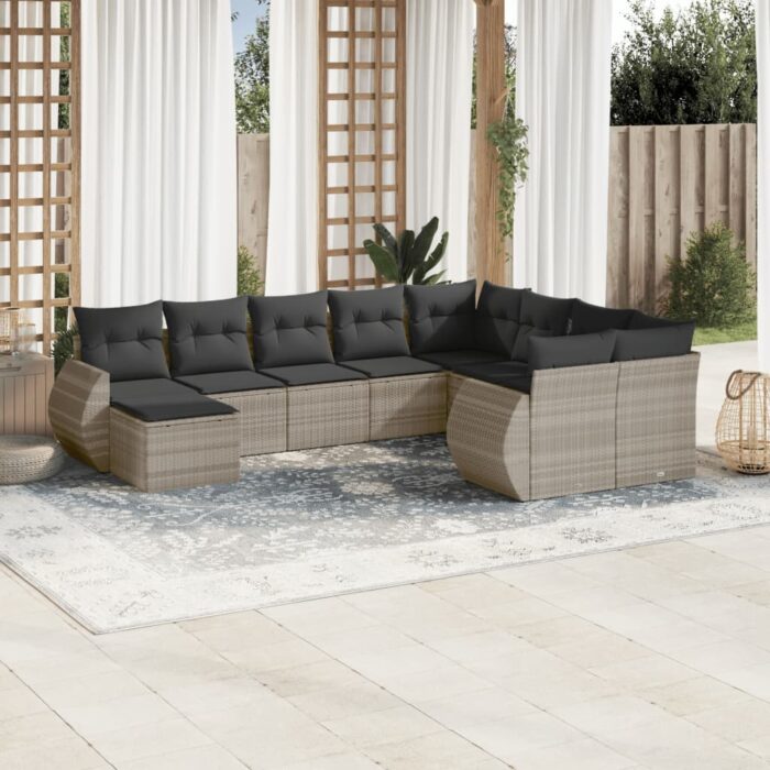 Salon de jardin avec coussins 10 pcs gris clair résine tressée – Image 1