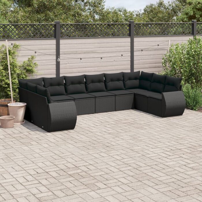 Salon de jardin 10 pcs avec coussins noir résine tressée – Image 1