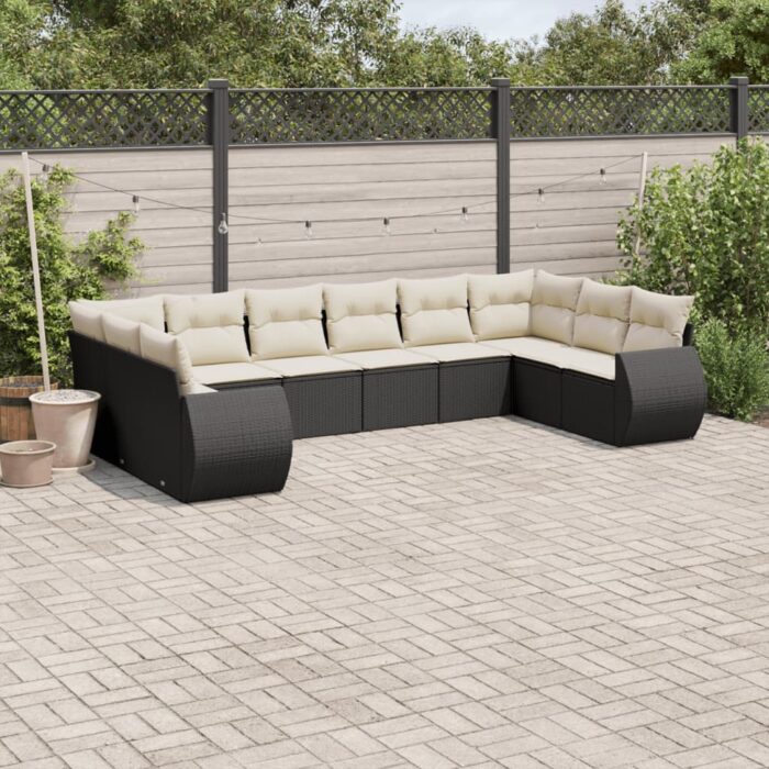 Salon de jardin 10 pcs avec coussins noir résine tressée – Image 1