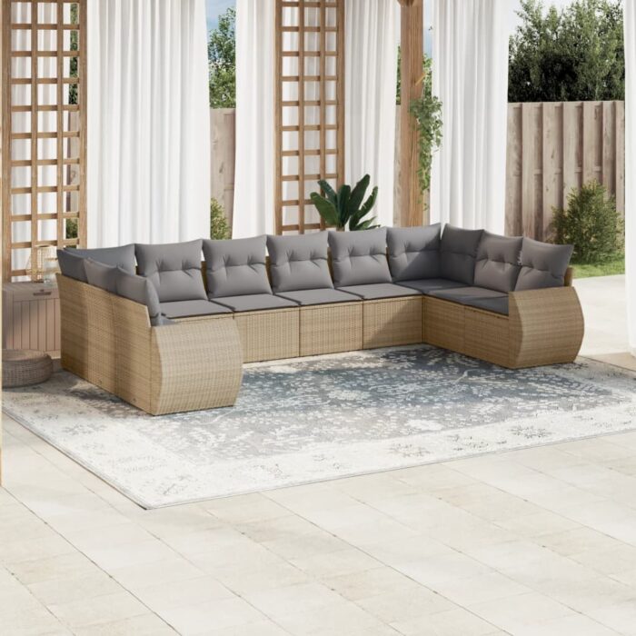 Salon de jardin avec coussins 10 pcs beige résine tressée – Image 1