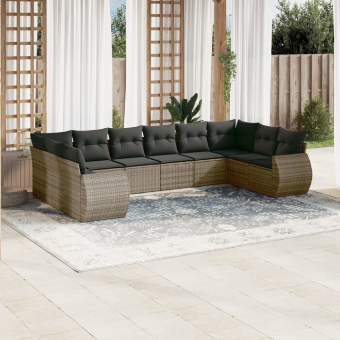 Salon de jardin avec coussins 10 pcs gris résine tressée – Image 1