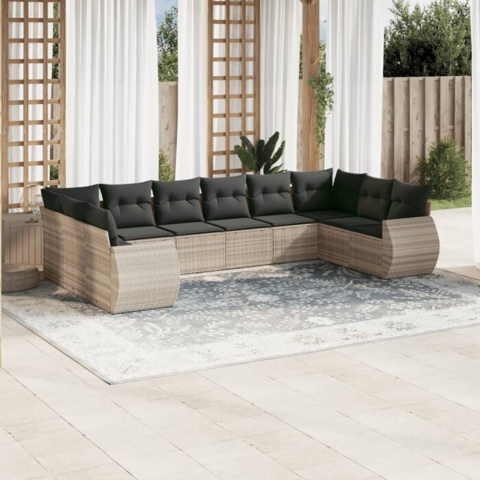 Salon de jardin avec coussins 10 pcs gris clair résine tressée – Image 1