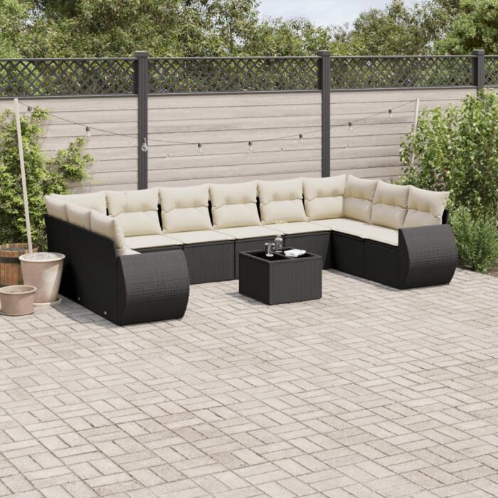 Salon de jardin 11 pcs avec coussins noir résine tressée – Image 1