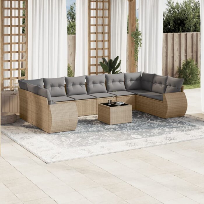 Salon de jardin 11 pcs avec coussins beige résine tressée – Image 1