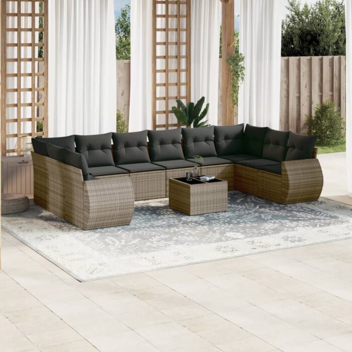 Salon de jardin 11 pcs avec coussins gris résine tressée – Image 1
