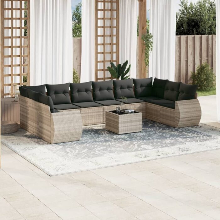 Salon de jardin 11 pcs avec coussins gris clair résine tressée – Image 1