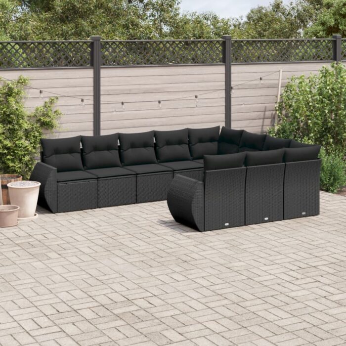 Salon de jardin 10 pcs avec coussins noir résine tressée – Image 1