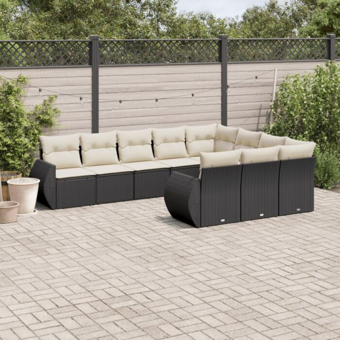 Salon de jardin 10 pcs avec coussins noir résine tressée – Image 1