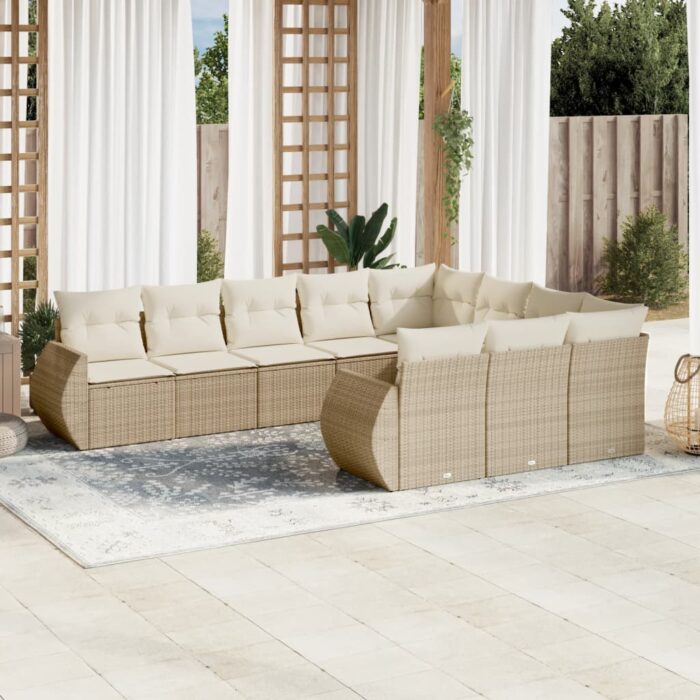 Salon de jardin avec coussins 10 pcs beige résine tressée – Image 1