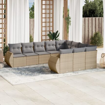 Salon de jardin avec coussins 10 pcs beige résine tressée
