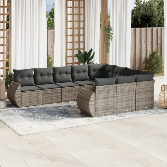 Salon de jardin avec coussins 10 pcs gris résine tressée – Image 1