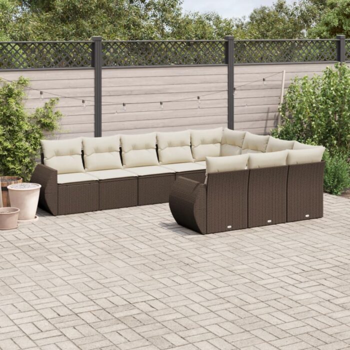 Salon de jardin 10 pcs avec coussins marron résine tressée – Image 1