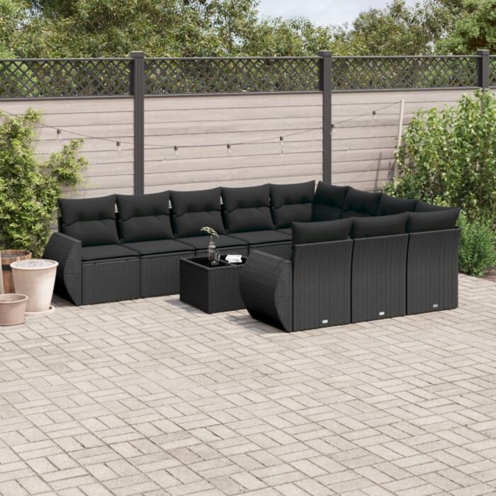 Salon de jardin 11 pcs avec coussins noir résine tressée – Image 1