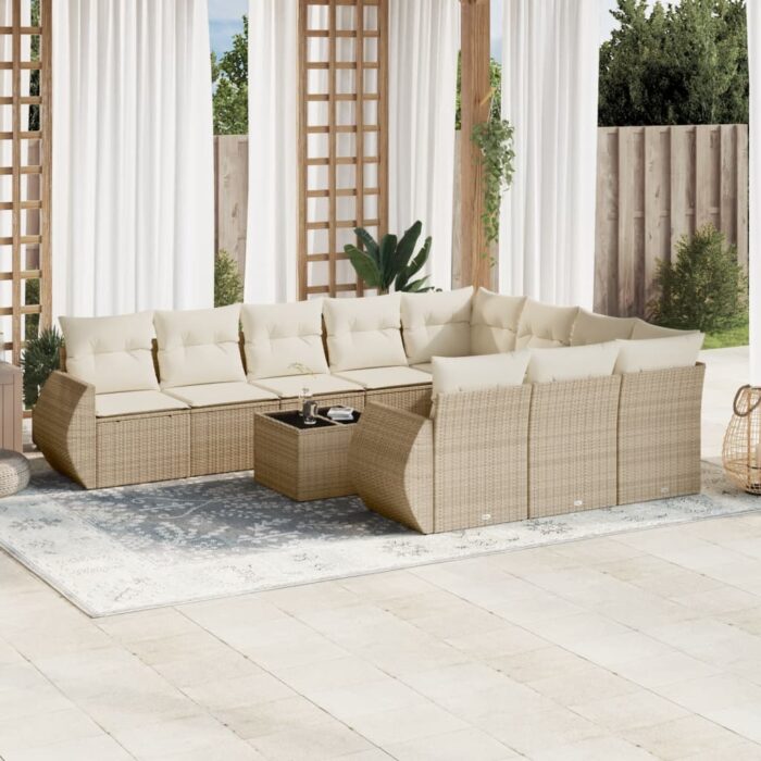 Salon de jardin 11 pcs avec coussins beige résine tressée – Image 1