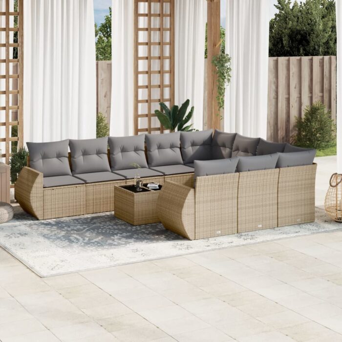 Salon de jardin 11 pcs avec coussins beige résine tressée – Image 1