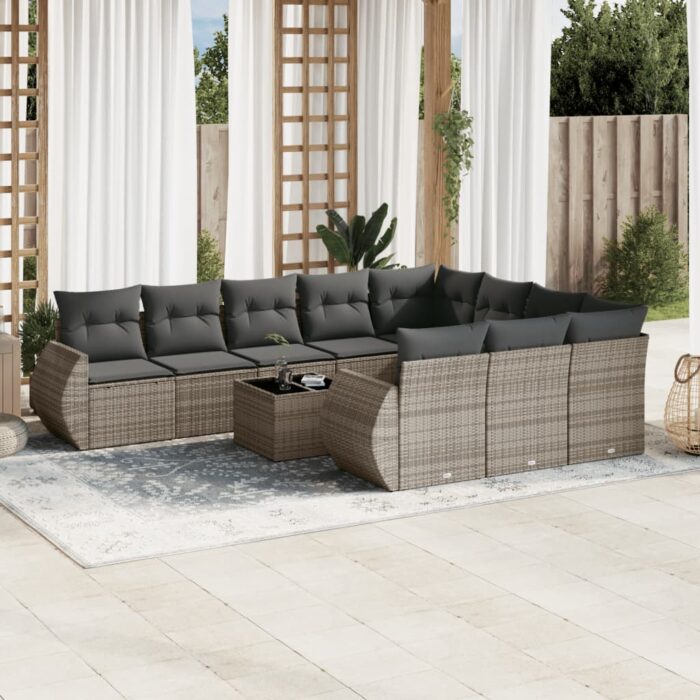 Salon de jardin 11 pcs avec coussins gris résine tressée – Image 1