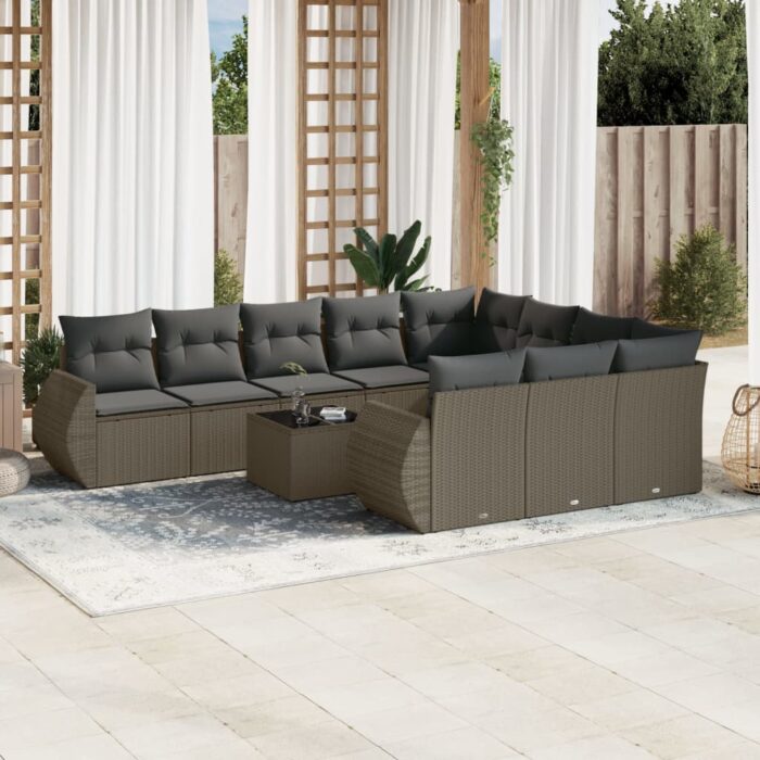 Salon de jardin 11 pcs avec coussins gris clair résine tressée – Image 1
