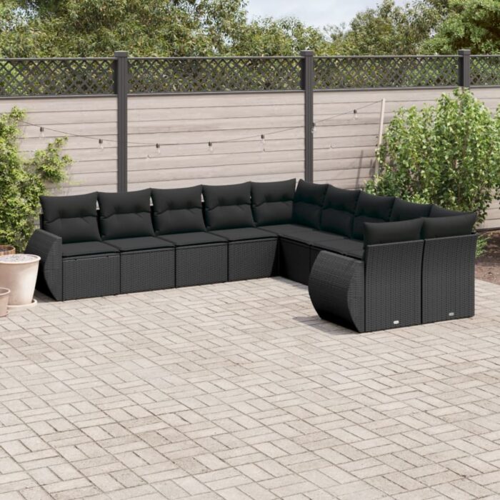 Salon de jardin 10 pcs avec coussins noir résine tressée – Image 1