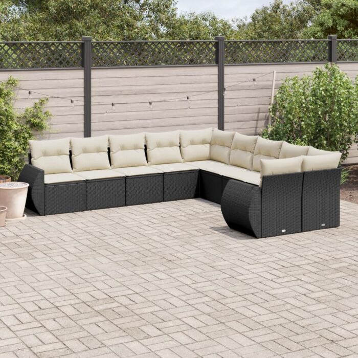 Salon de jardin 10 pcs avec coussins noir résine tressée – Image 1